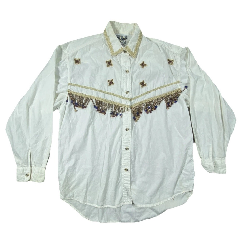 At!Last Absolutely Authentic Shirt Womens M White Beaded Spread Collar Button Up